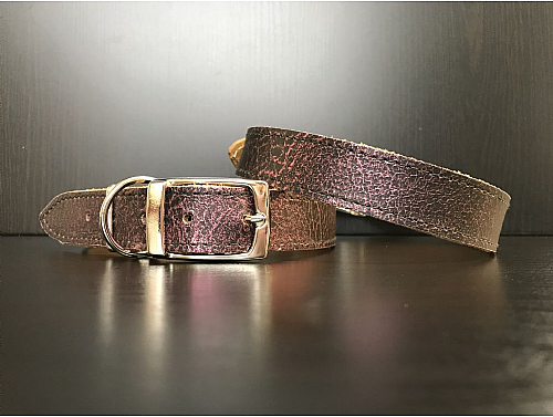 Black with Purple Metallic Pattern - Leather Dog Collar - Size L